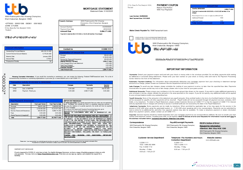 Download Thailand TMBThanachart Bank mortgage statement in Word and PDF formats 1 2 Photoshop template